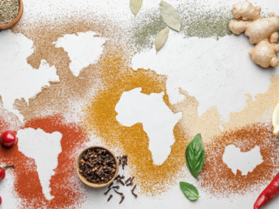 In this image, we can see the world map made with different spices like chili, curry, and some leaves. There are also different spices around like ginger, chili, lemon, cloves, oregano and other leaves. The Majestic Spice logo is on the right bottom corner.