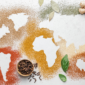 In this image, we can see the world map made with different spices like chili, curry, and some leaves. There are also different spices around like ginger, chili, lemon, cloves, oregano and other leaves. The Majestic Spice logo is on the right bottom corner.