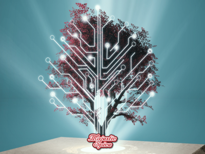 A digital tree with circuit-like branches stands on a platform with a "Majestic Spice" logo. The background is a gradient blue, with light rays illuminating the tree from behind.
