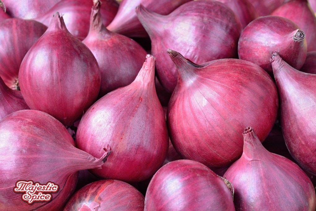 The image shows a close-up view of several red onions with smooth, shiny skins. The onions are piled together, displaying a range of rich, deep red and purple hues. In the bottom left corner of the image, there is a logo that reads "Majestic Spice" in red and white text.
