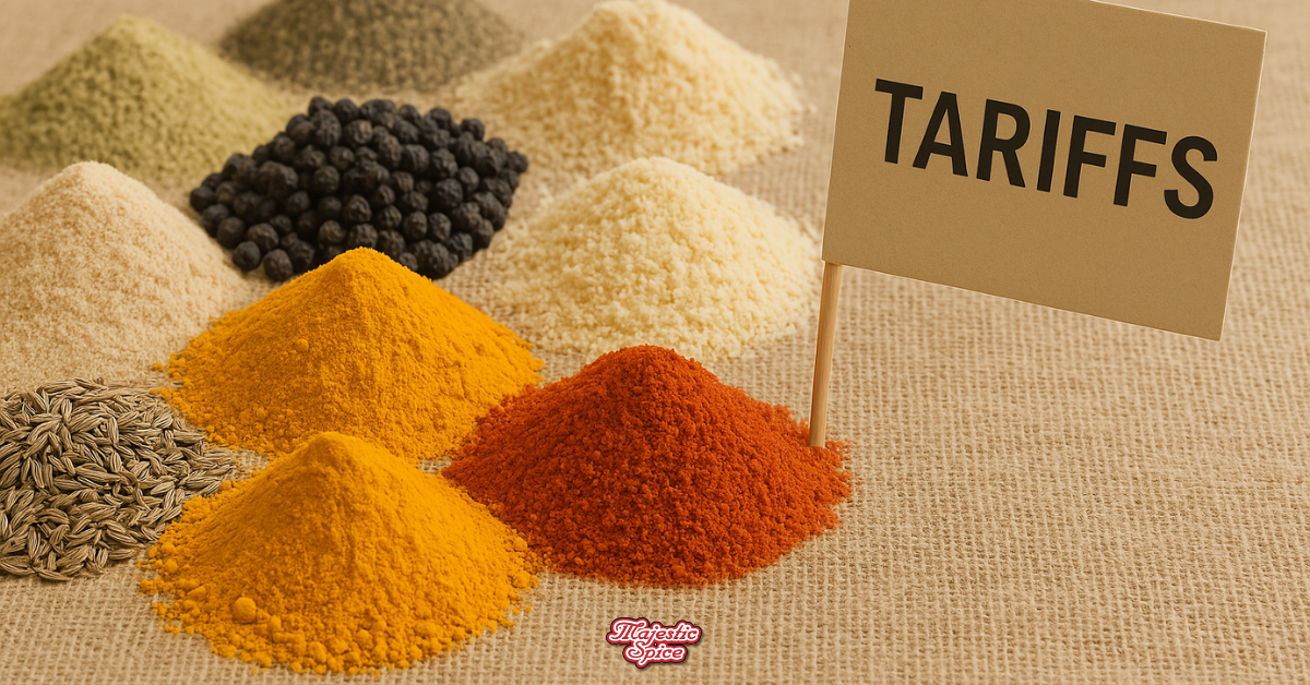 Landscape image showing eight small mounds of colorful spices arranged on a burlap surface, including turmeric, chili powder, and black pepper. On the right side, a white paper card with bold black letters reads 'TARIFFS,' symbolizing the impact of trade policies on spice imports.