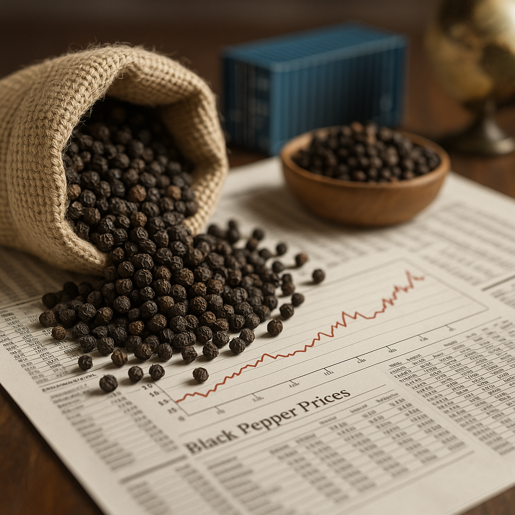 A burlap sack spills black peppercorns onto a financial newspaper displaying charts and data labeled “Black Pepper Prices,” with a small wooden bowl of peppercorns and a miniature shipping container in the background, symbolizing rising spice costs and global trade impact.