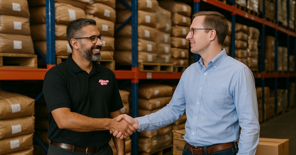 Two men shake hands in a warehouse filled with stacked spice bags. The man on the left wears a black polo shirt with the Majestic Spice logo, representing the company. The man on the right, dressed in a light blue shirt, appears to be a visiting buyer. They are smiling, suggesting a successful business meeting or partnership.
