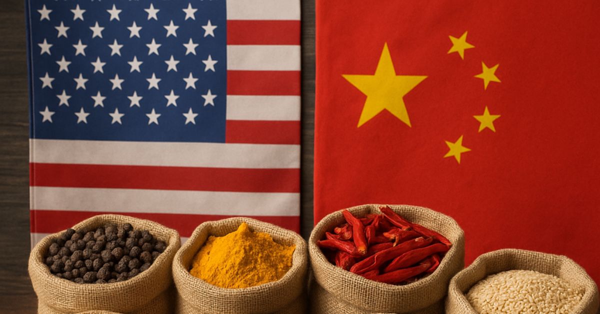 Burlap sacks and wooden bowls filled with colorful spices such as black pepper, turmeric, cardamom, cumin, red chili peppers, and ginger, arranged on a dark wooden surface. The U.S. and Chinese flags hang in the background, symbolizing international spice trade.