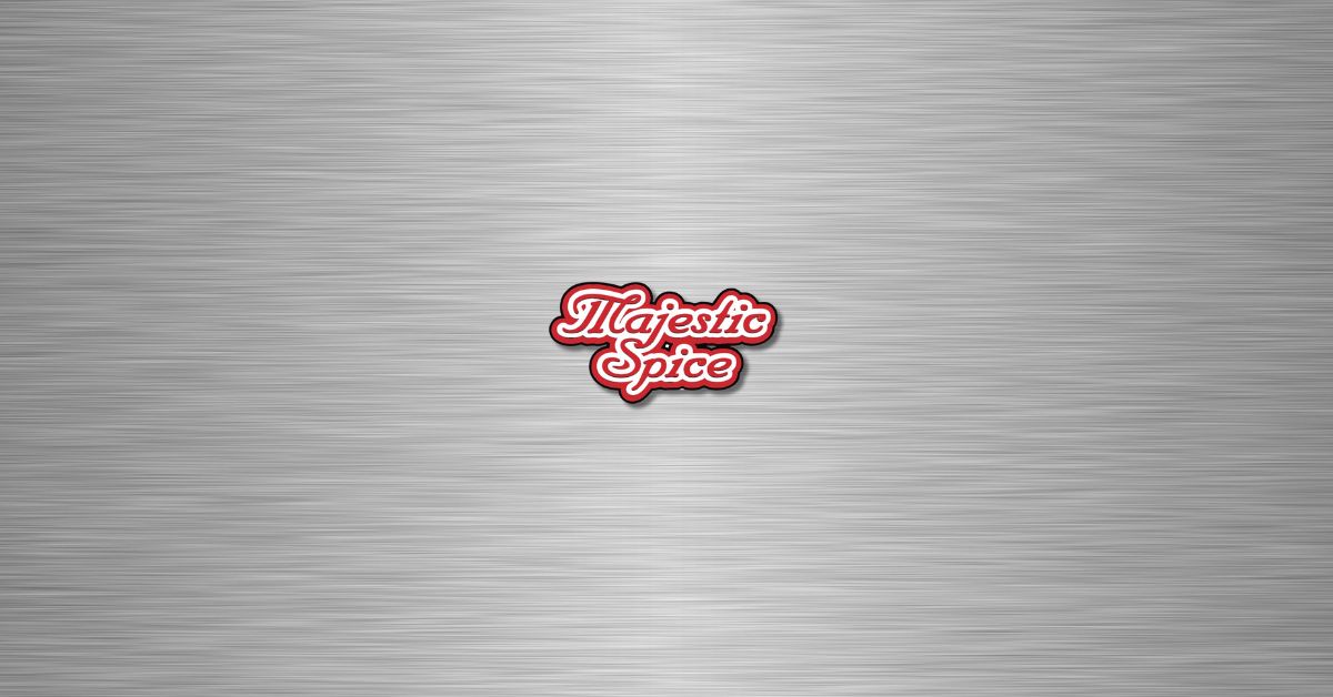 Majestic Spice logo in red and white centered on a brushed metal background.