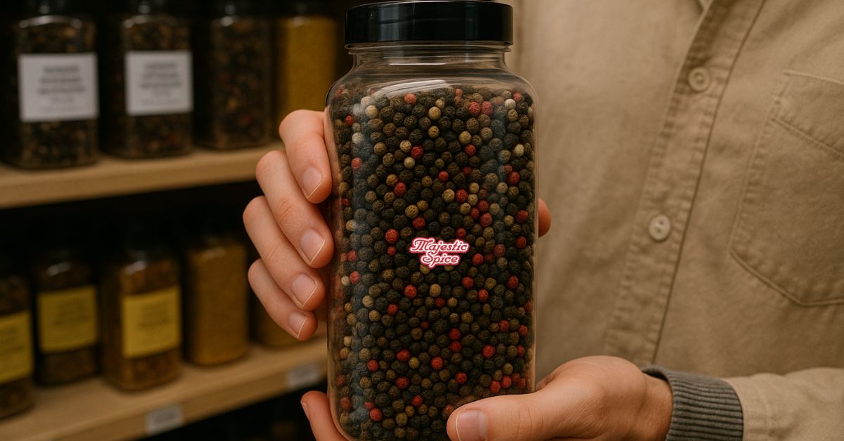 A person holds a large transparent jar filled with multicolored peppercorns—black, green, red, and white—inside a grocery store or spice warehouse. The jar has a small label with text indicating the origin: "Harvested in Vietnam, Blended and Packed in California." The background shows shelves lined with various spice jars, suggesting a setting focused on premium spice products. The Majestic Spice logo is at the center of the jar.