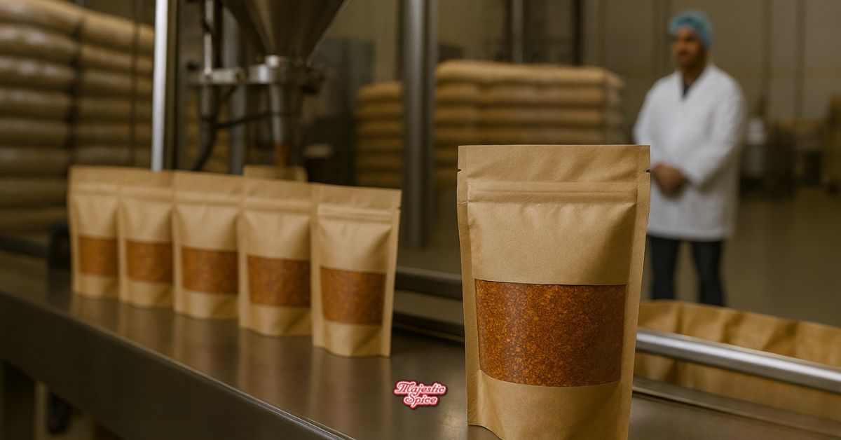 Brown kraft stand-up pouches filled with chili or spice blend on a stainless-steel production line inside a professional co-packing facility, with a worker in a white lab coat and hairnet blurred in the background Majestic Spice bulk seasoning and private-label packaging in Los Angeles.