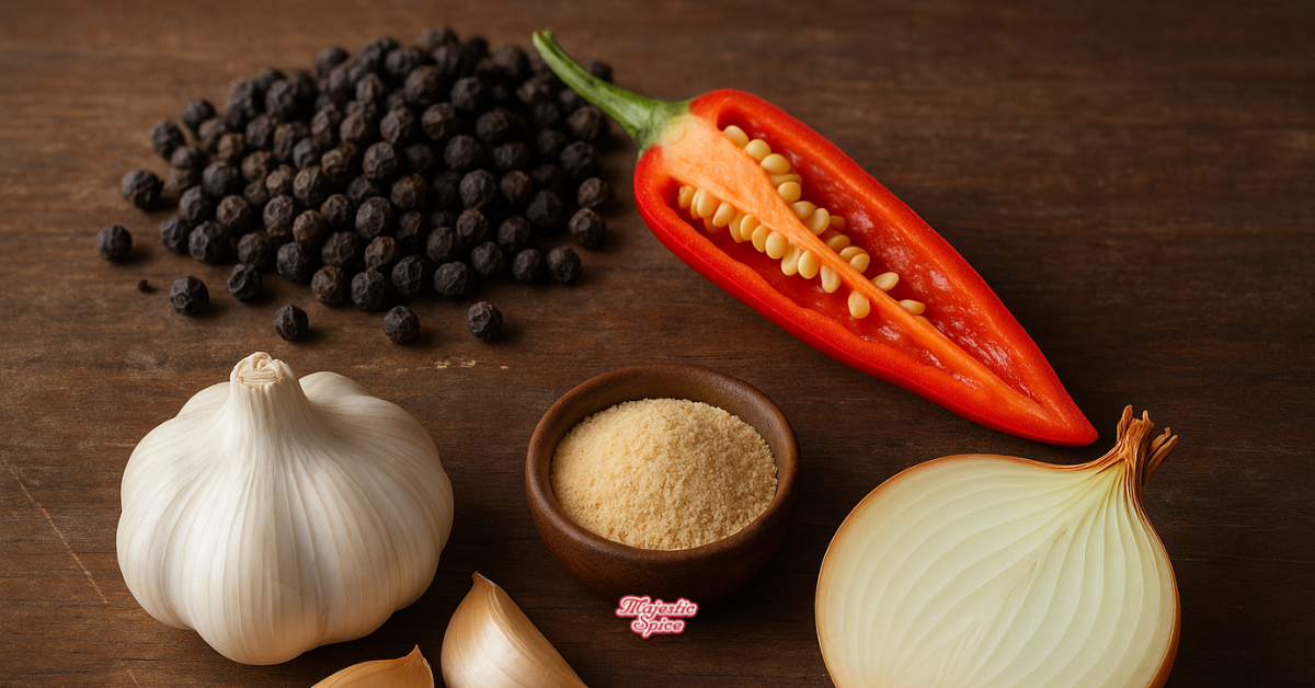 Q4 2025 Spice Market Outlook What Bulk Buyers Should Prepare for in November and December High-resolution photo of black peppercorns, fresh red chili pepper, garlic bulb with cloves, onion half, and a bowl of dehydrated garlic powder on rustic wooden surface showcasing essential spices for bulk seasoning and food manufacturing in Q4 2025.