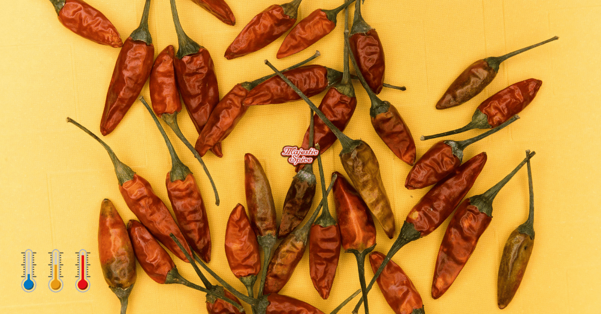 Dried red chilies scattered on a yellow background, showing natural color variation and wrinkled texture. Small thermometer icons indicate different heat levels, and a subtle Majestic Spice logo appears in the center. Image used to illustrate capsaicin heat consistency in large-batch chili production. If you want a shorter, more technical, or more descriptive version (e.g., emphasizing Scoville ranges, defects, drying stages, or procurement context), I can give additional options too.