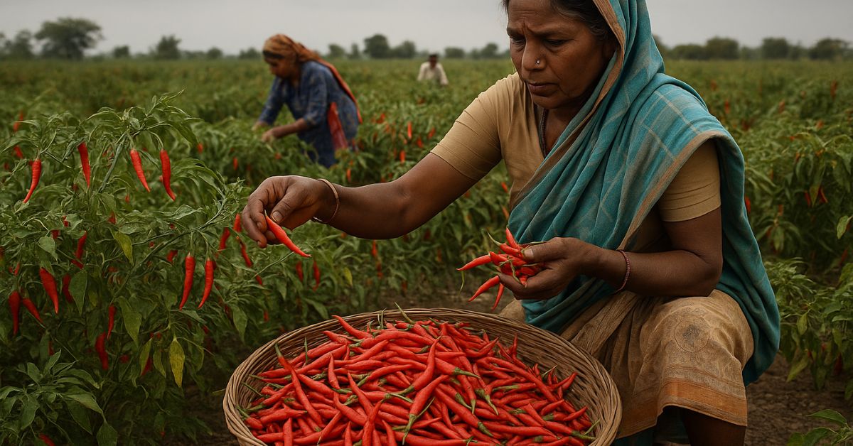 Chilli harvest in India during the 2025 delay, showing farmers hand-picking red chillies in wet conditions after a cyclone, with baskets of fresh chillies and cloudy skies in the background.
