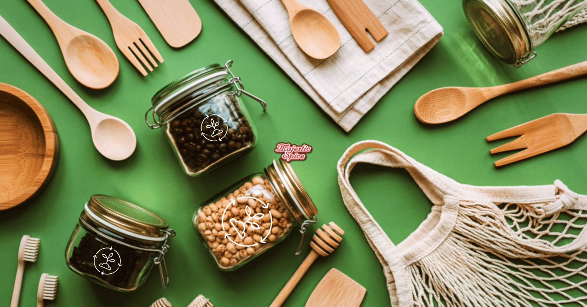 Eco-friendly spice storage concept featuring glass jars with seasoning ingredients, reusable wooden utensils, cotton produce bag, and sustainable kitchen accessories on a green background, highlighting Majestic Spice’s focus on sustainability and responsible packaging.