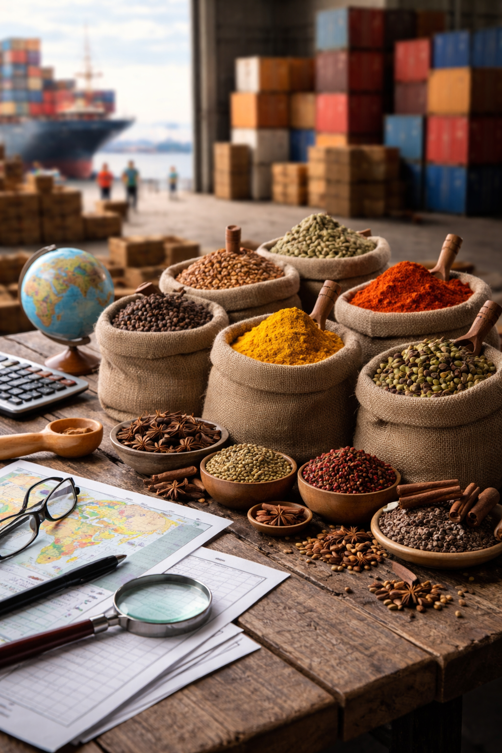 Image of bulk spices in burlap sacks on a wooden table inside a warehouse, with shipping containers, a cargo ship, trade documents, and a globe in the background, illustrating global spice trade and sourcing logistics.