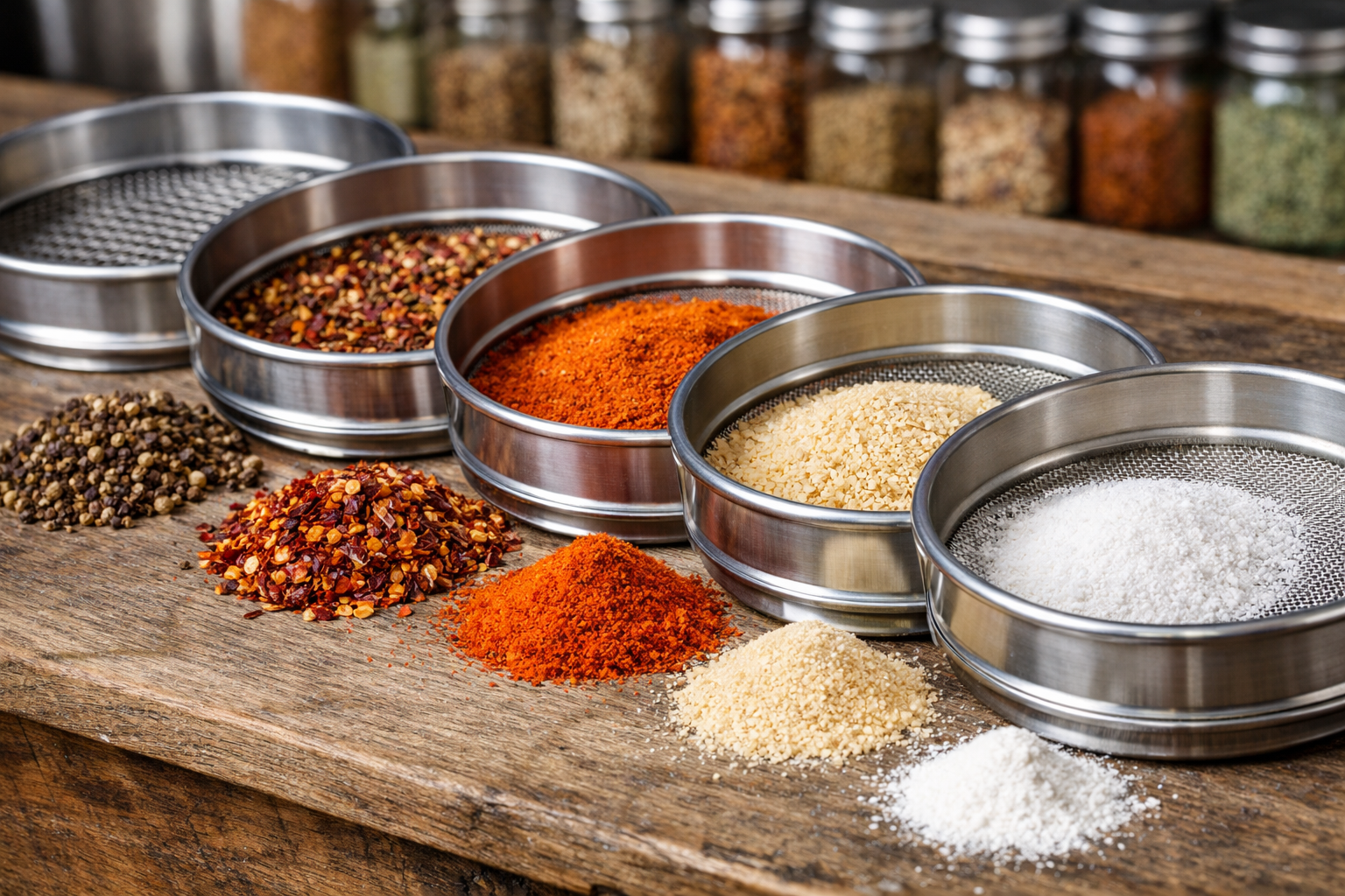 Stainless steel test sieves showing different spice mesh sizes from coarse cracked pepper to fine powdered spices.