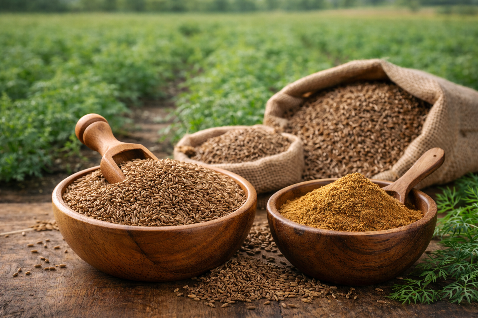 Wooden bowls and burlap sacks filled with whole and ground cumin placed on a wooden surface, with a green cumin field softly blurred in the background.