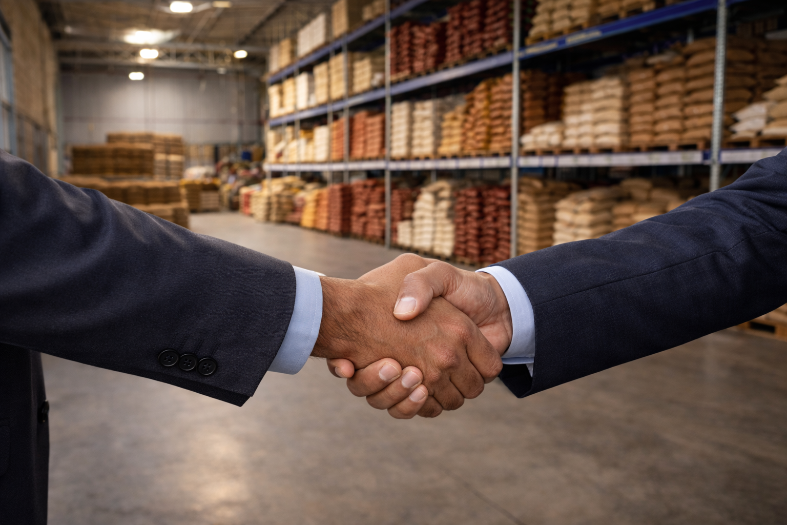 Two business professionals in suits shaking hands inside a spice warehouse, representing strong supplier partnerships.
