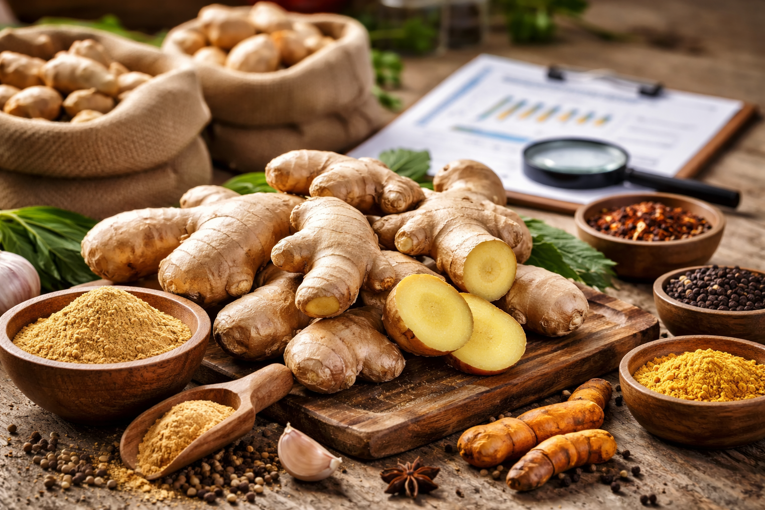 Fresh whole and sliced ginger roots on a wooden surface, with burlap sacks, spices, and subtle sourcing and market analysis elements in the background.