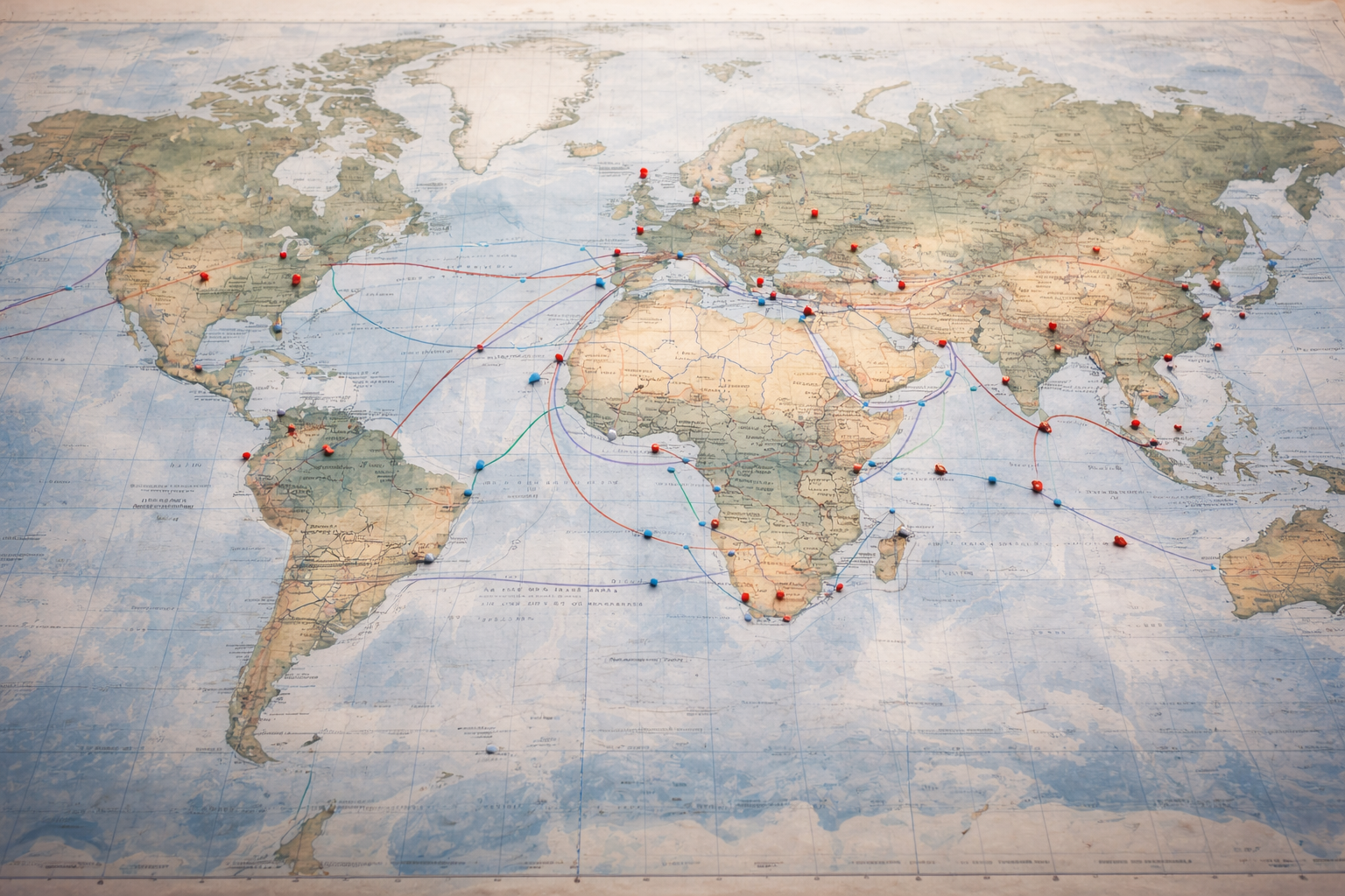World map showing global trade routes marked with pins and connecting lines, representing international shipping and supply chains.