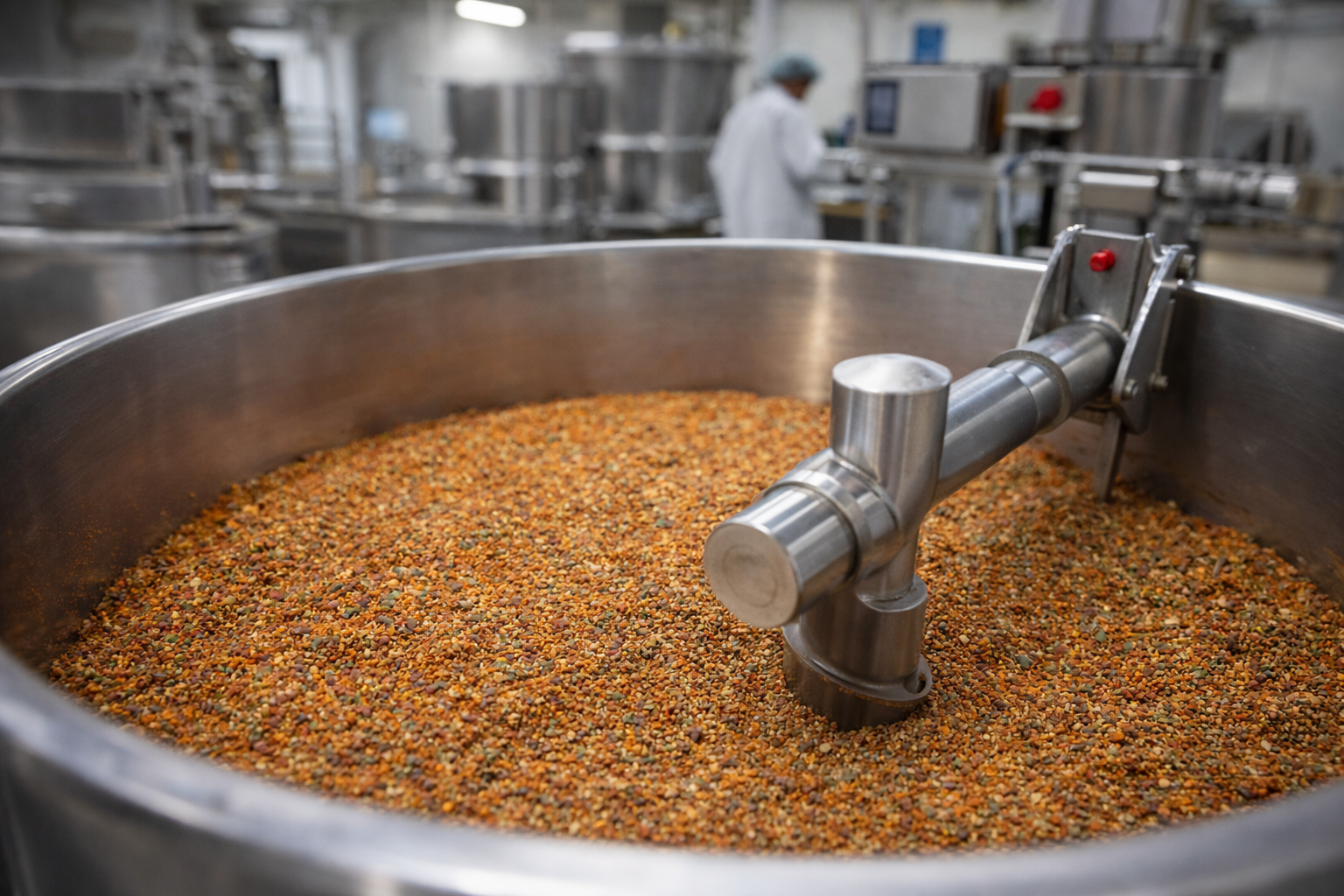 Industrial mixer filled with a finely blended spice seasoning in a stainless steel production environment.