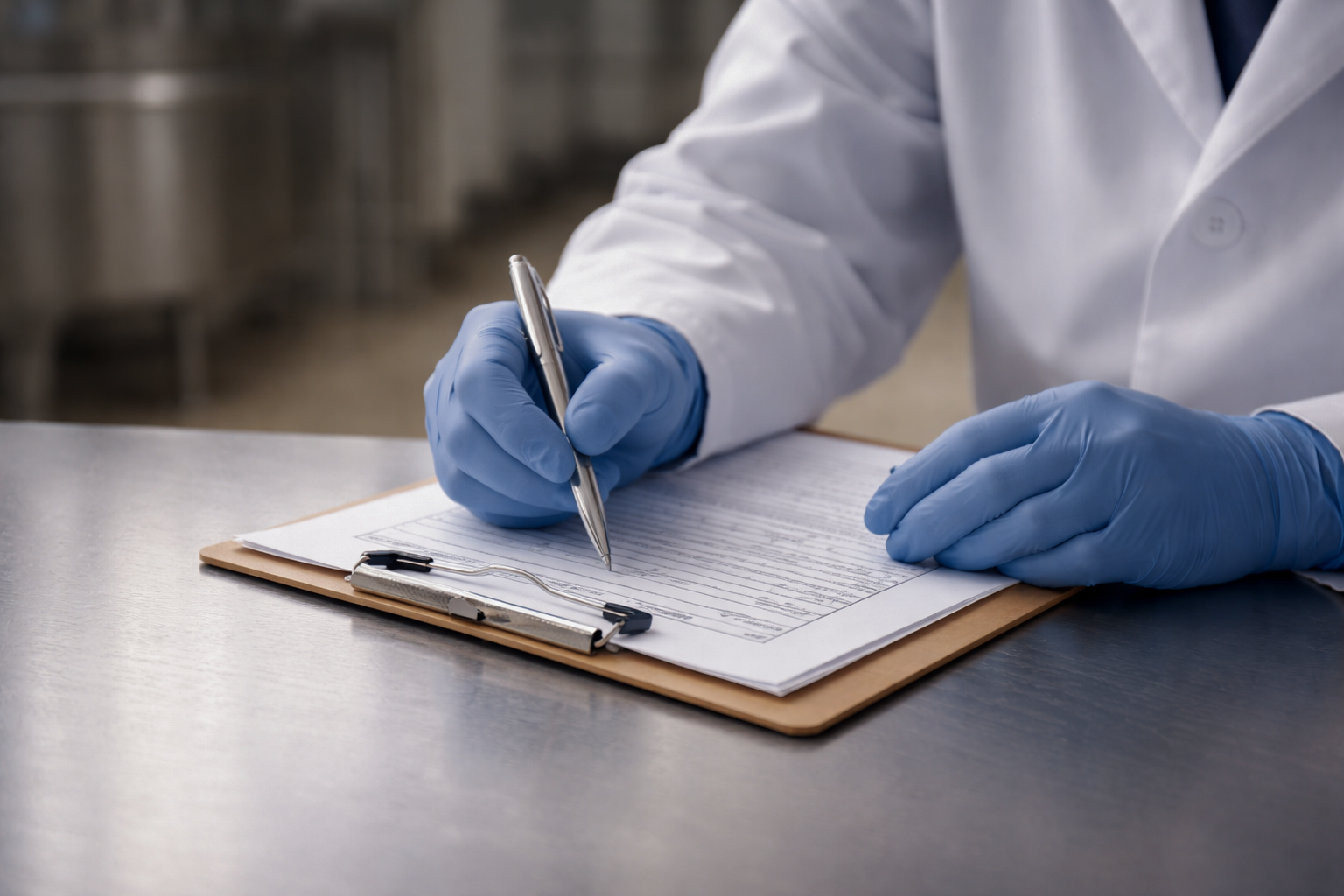 Quality control professional in a lab coat and gloves writing on a clipboard in a food production environment.