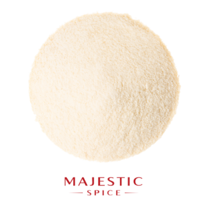 Round mound of finely ground pale cream garlic powder, with the red Majestic Spice logo below.