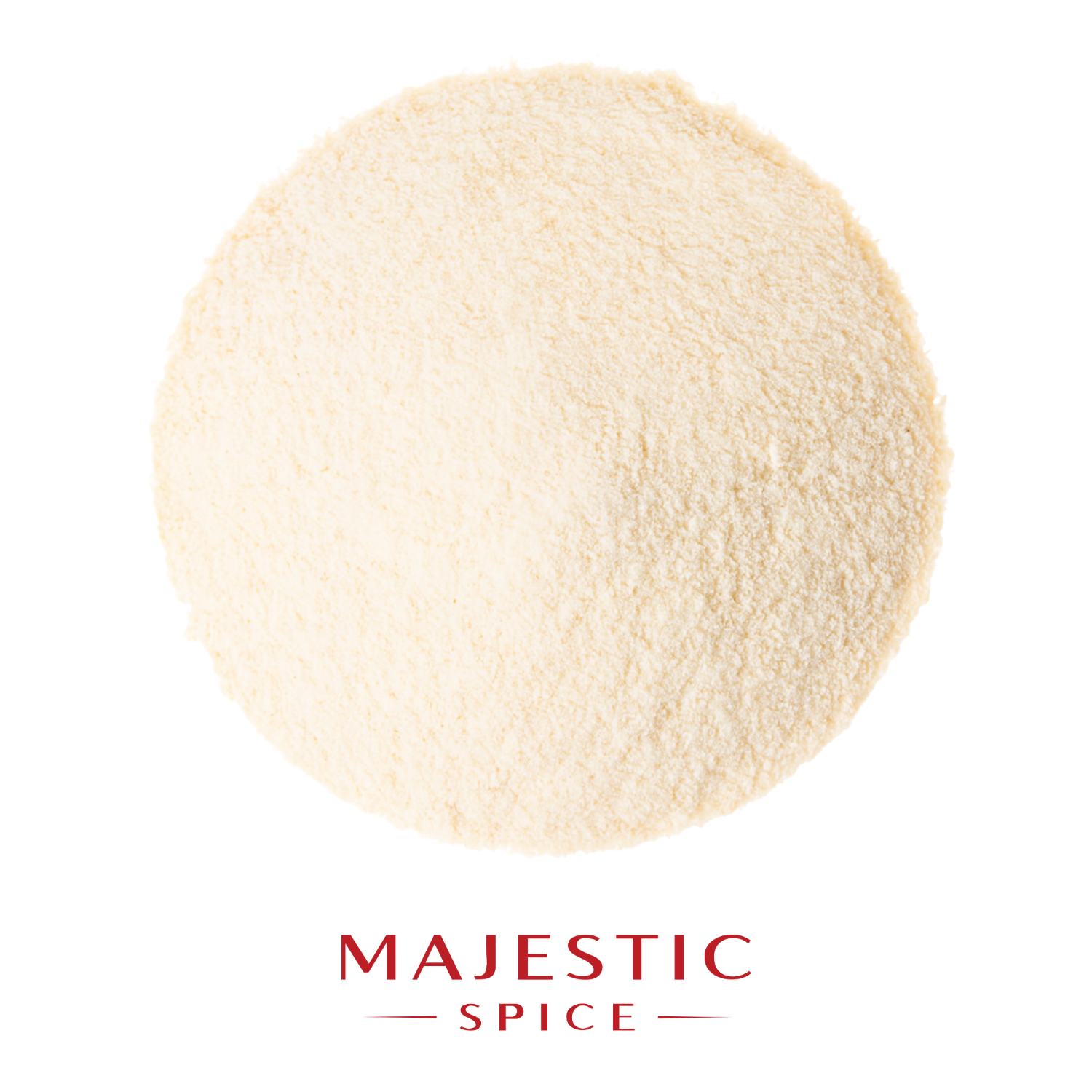 Round mound of finely ground pale cream garlic powder, with the red Majestic Spice logo below.