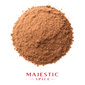 Mound of finely ground light brown natural cocoa powder, with the red Majestic Spice logo below.
