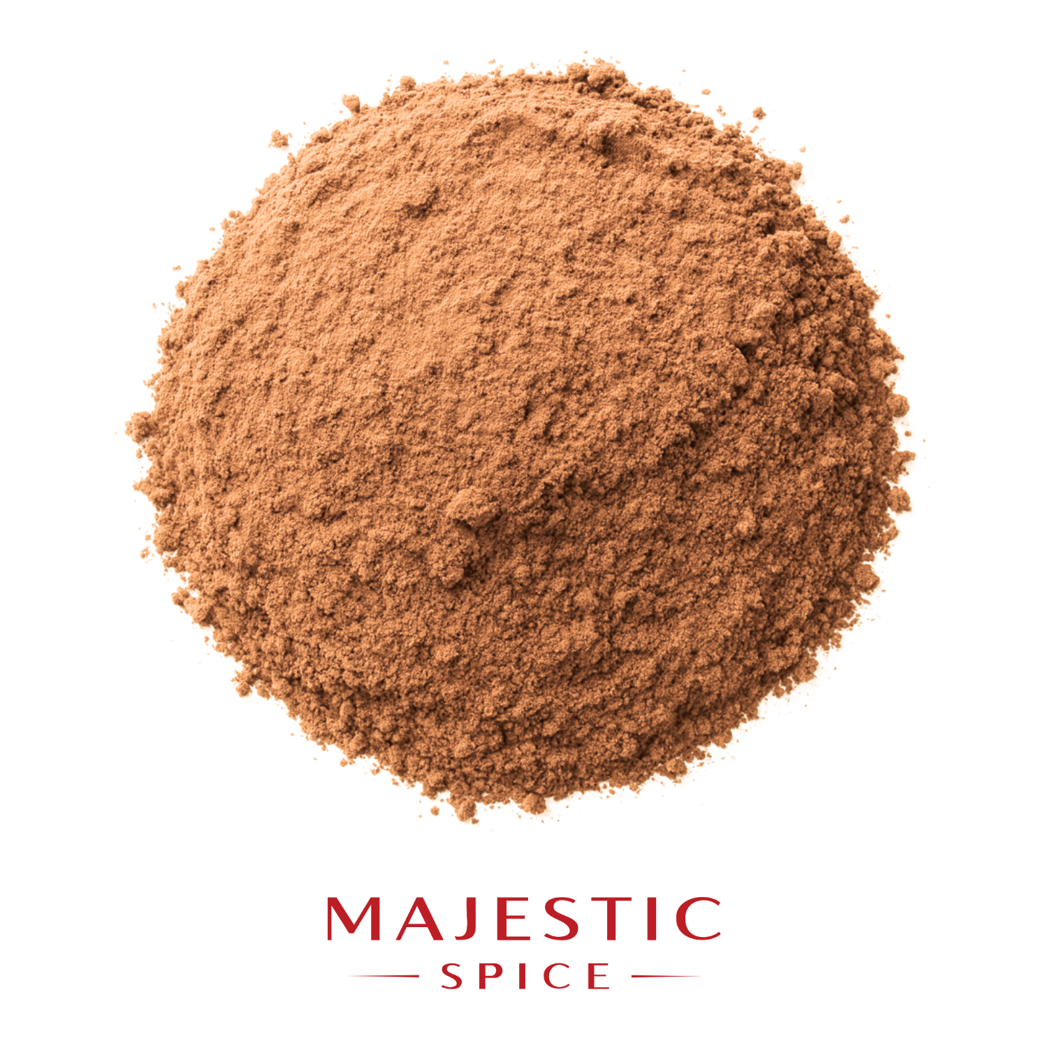Mound of finely ground light brown natural cocoa powder, with the red Majestic Spice logo below.