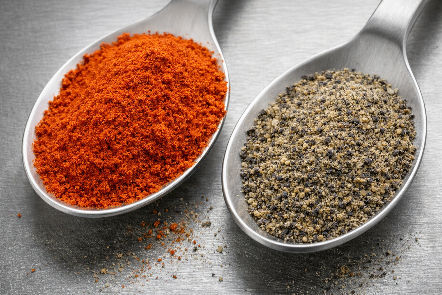 Close-up of dried red chilies and paprika powder displayed in wooden bowls on a rustic surface.