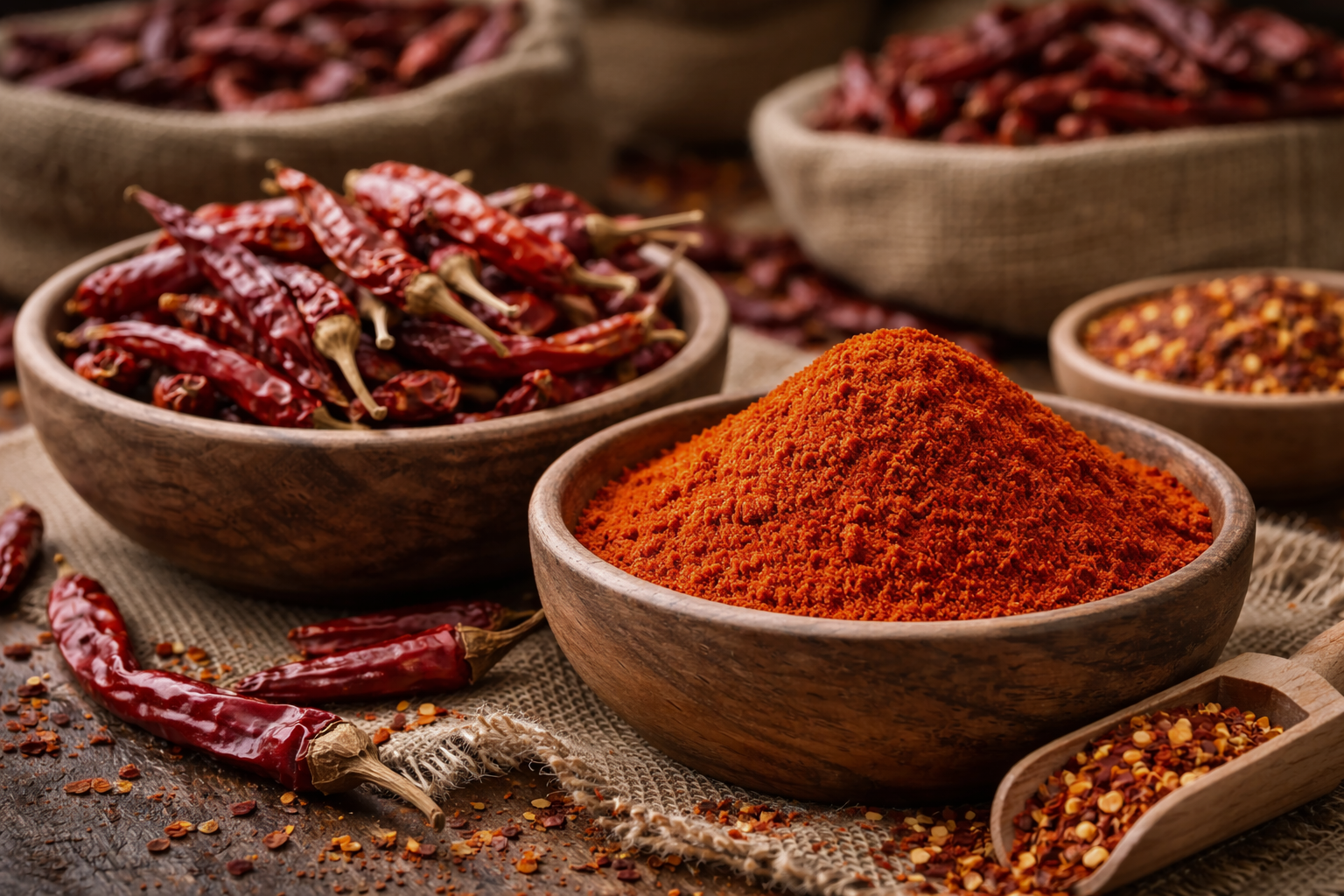 Close-up of dried red chilies and paprika powder displayed in wooden bowls on a rustic surface.