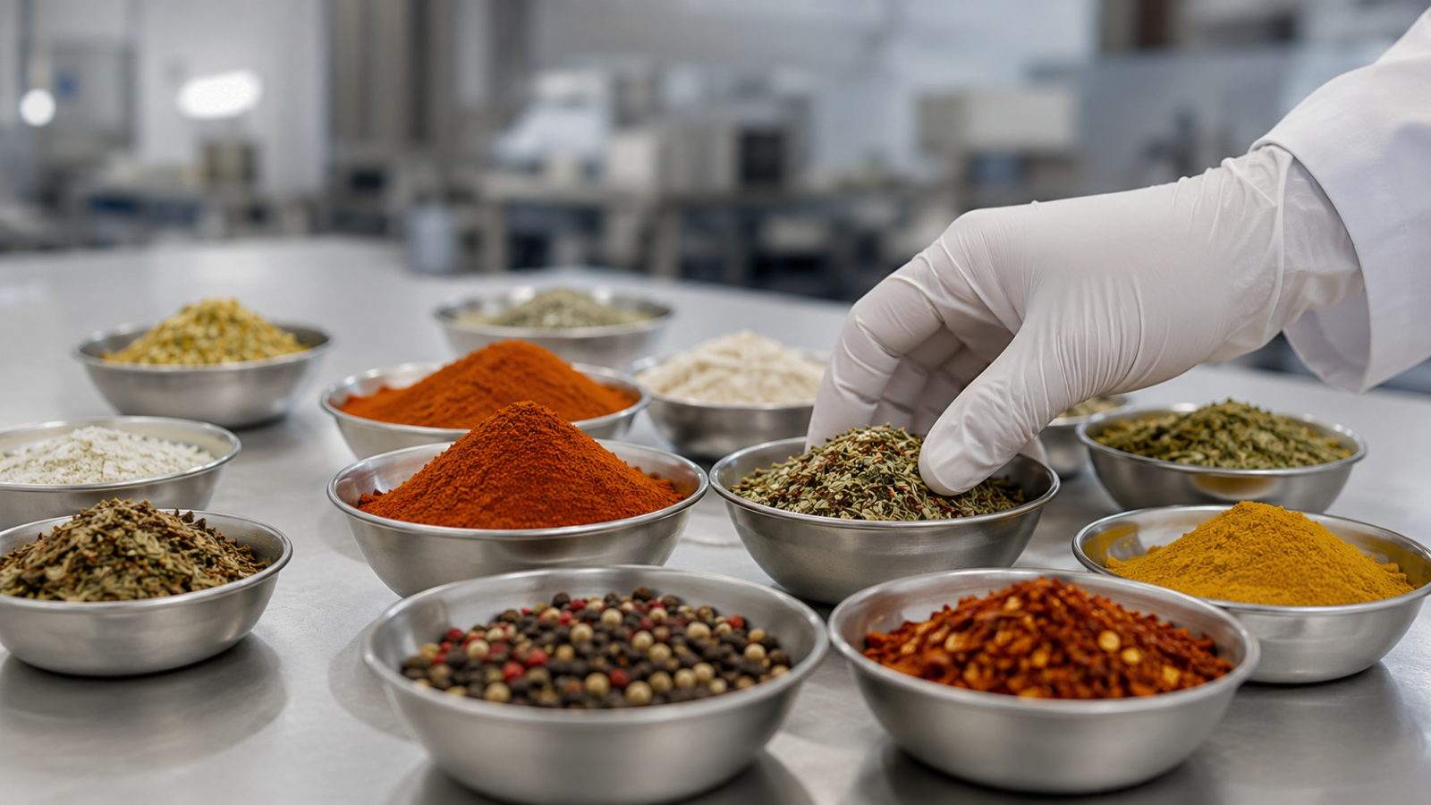 Alt-text: Stainless steel bowls filled with spices and seasoning blends being inspected in a clean food production environment.