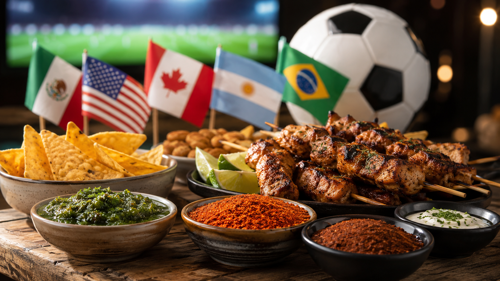 Photorealistic match-day food spread featuring global flavor inspirations, including chimichurri, chili-lime seasoning, smoky spice rub, garlic sauce, tortilla chips, roasted nuts, grilled skewers, lime wedges, small international flags, and a soccer ball in a stadium-style setting.