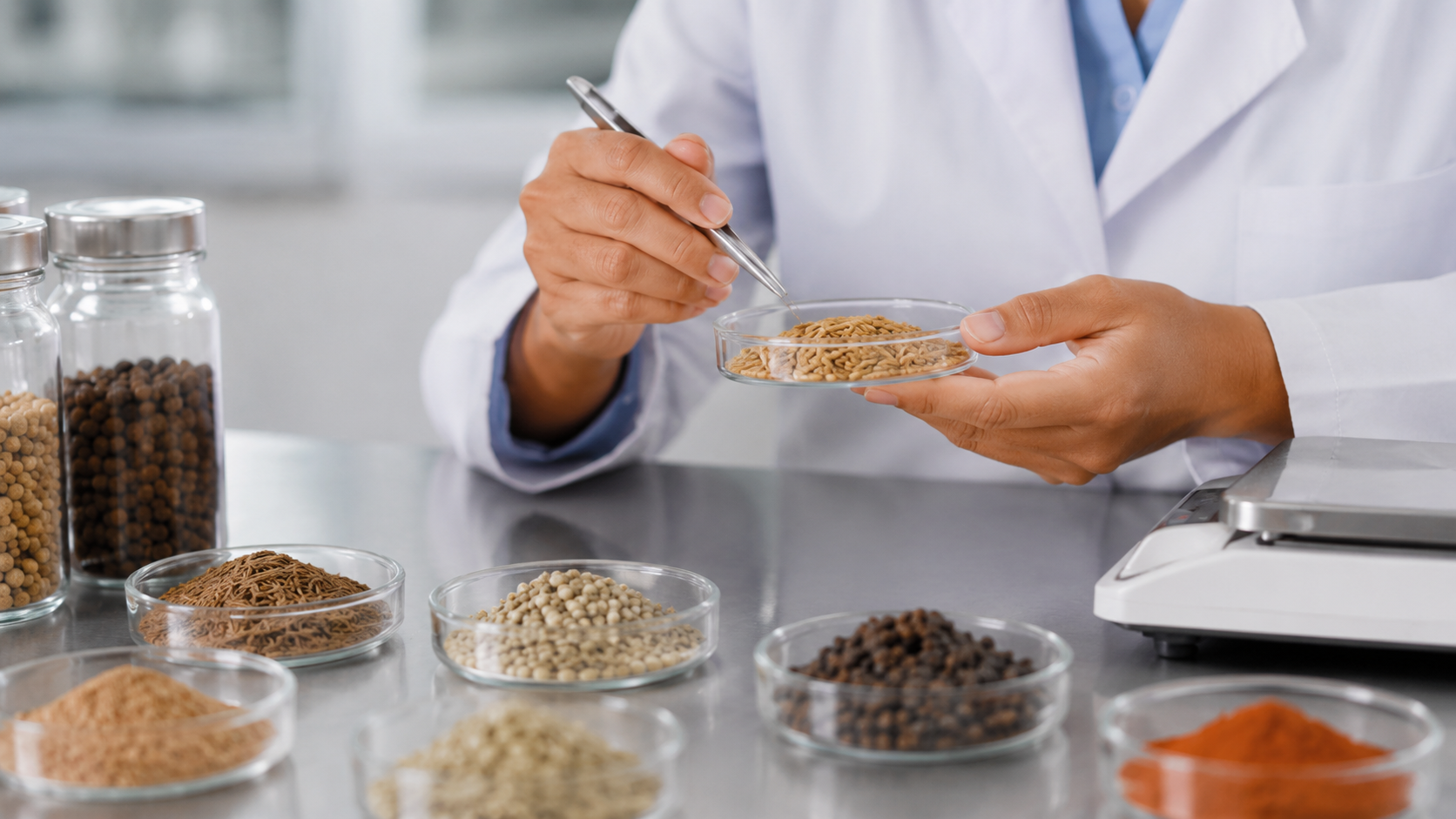 Alt-text: Close-up of a food quality specialist inspecting spice and seed samples in a clean laboratory setting, with glass dishes, sample jars, and a digital scale on a stainless-steel worktable.