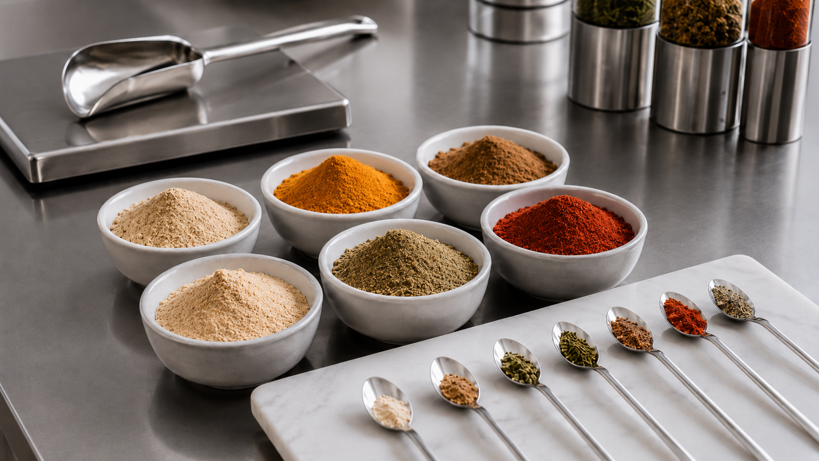 Assorted powdered spices and seasoning blends arranged in bowls and tasting spoons on a clean stainless-steel product development workspace.