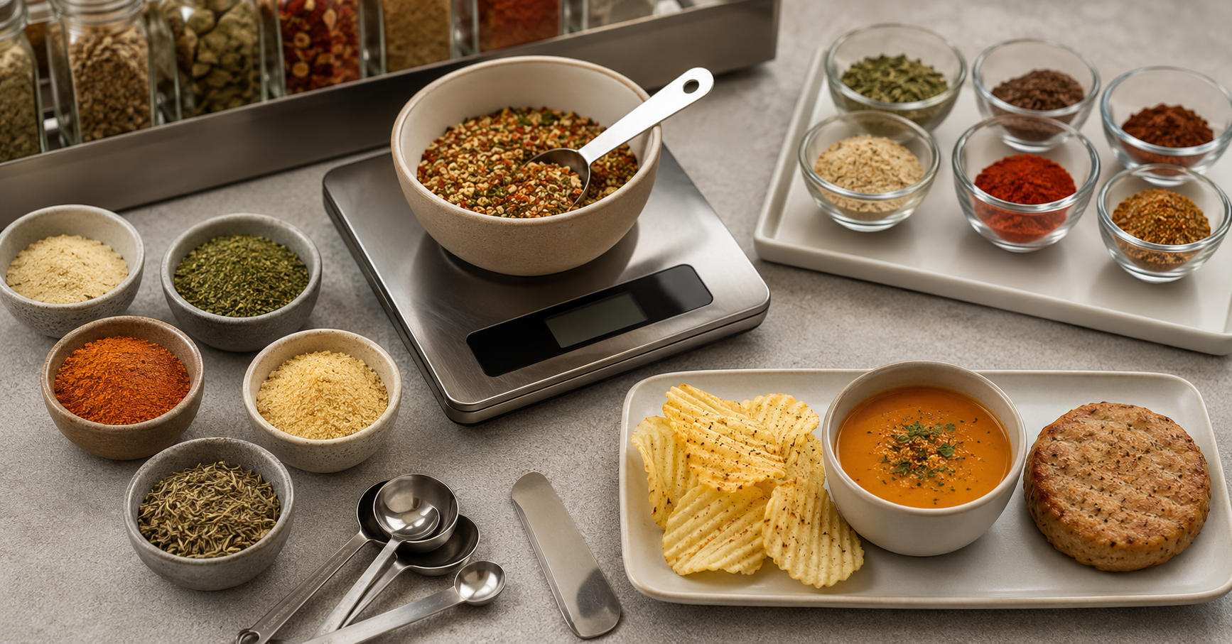 Seasoning blend development setup with measured spices, a digital scale, mixing tools, and test applications including seasoned chips, soup, and a savory patty.