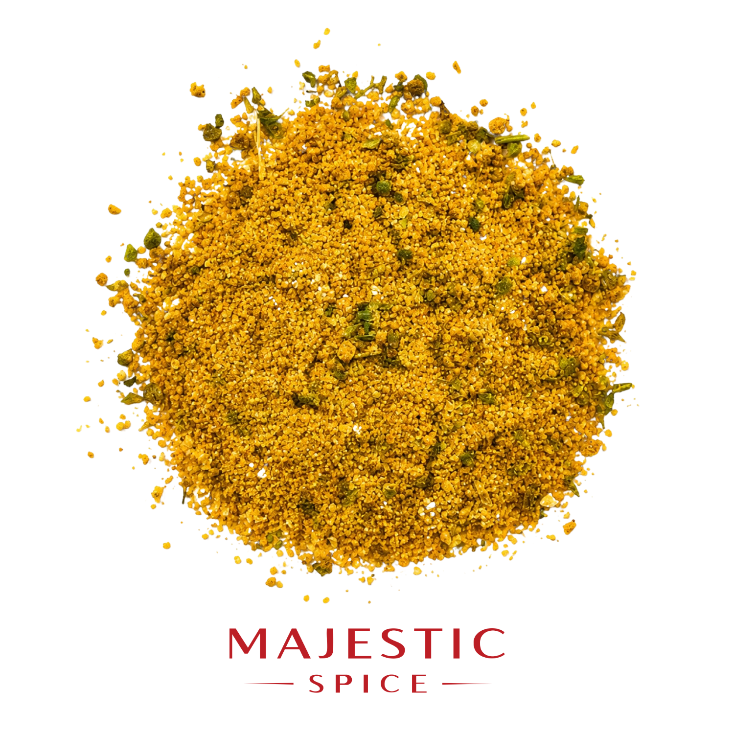 Mound of coarse golden adobo seasoning with visible green herb flakes and scattered spice particles, with the red Majestic Spice logo below.