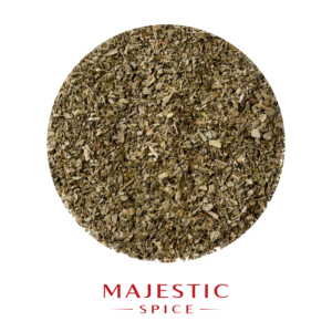 Circular mound of dried whole basil leaves with green-brown flakes and small stems, with the red Majestic Spice logo below.