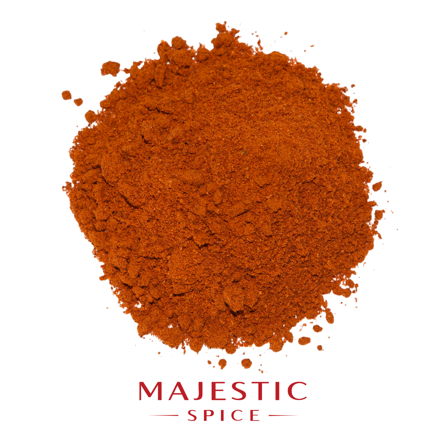 Mound of finely ground reddish-orange cayenne pepper powder with scattered particles, with the red Majestic Spice logo below.
