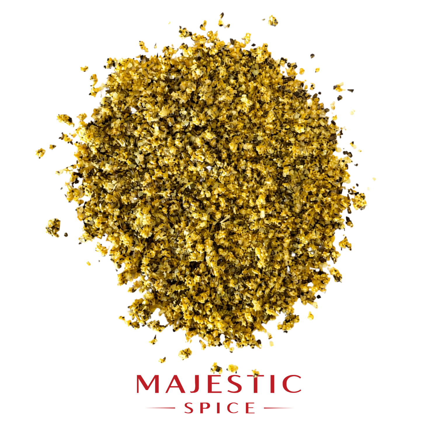 Mound of coarse lemon pepper seasoning with yellow citrus granules, black pepper pieces, and scattered particles, with the red Majestic Spice logo below.