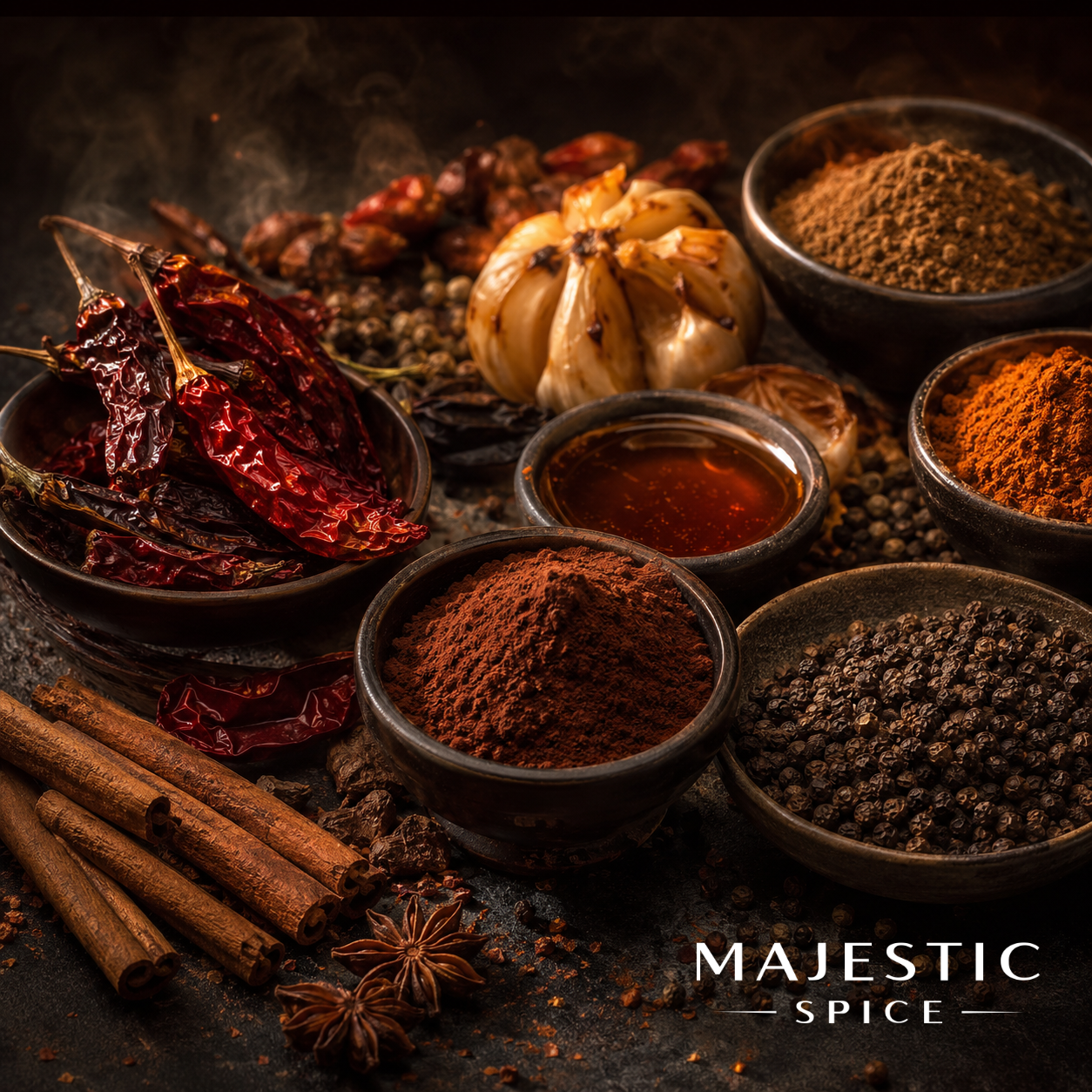 Close-up arrangement of dried red chilies, roasted garlic, black peppercorns, cinnamon sticks, star anise, and bowls of ground spices on a dark rustic surface, with warm smoky lighting and the Majestic Spice logo in the lower right corner.