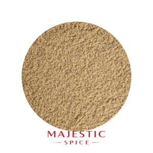 Mound of pale golden granulated onion with a coarse, uniform texture and scattered granules, with the red Majestic Spice logo below.