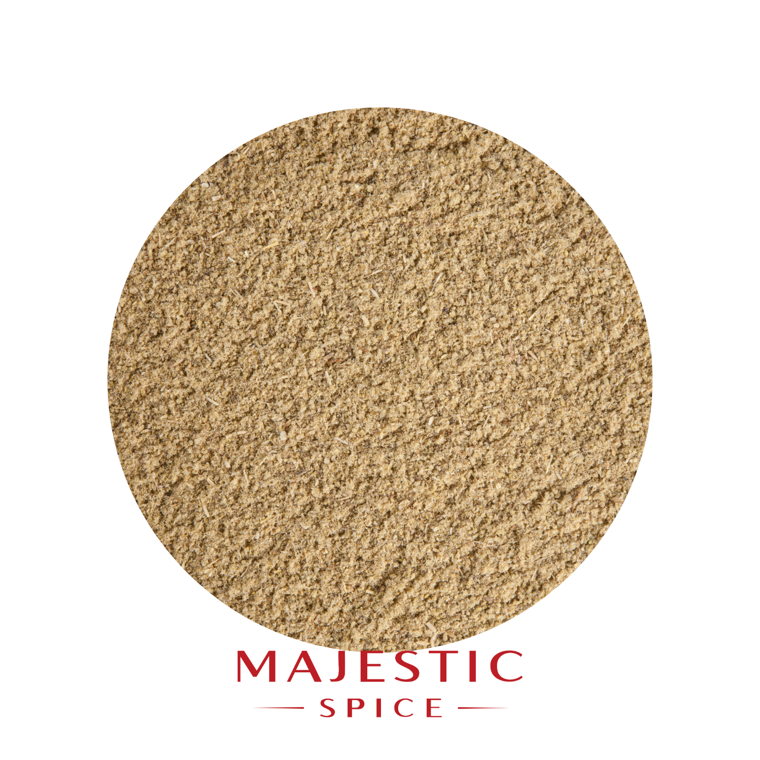 Mound of pale golden granulated onion with a coarse, uniform texture and scattered granules, with the red Majestic Spice logo below.