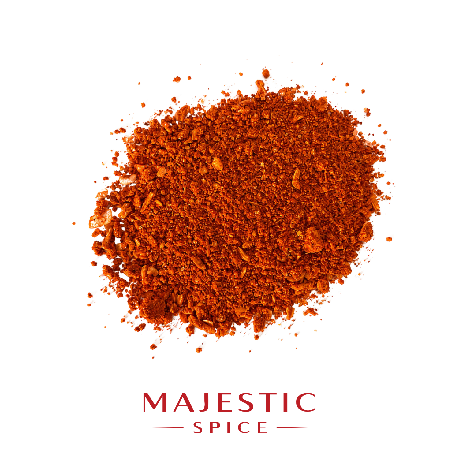 Mound of coarse reddish-orange taco seasoning with visible spice flakes and granules on a white background, with the red Majestic Spice logo below.