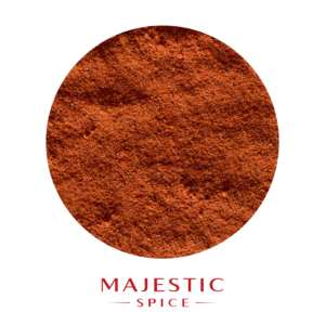 Circular mound of finely ground reddish-brown California chili powder with a smooth texture, with the red Majestic Spice logo below.