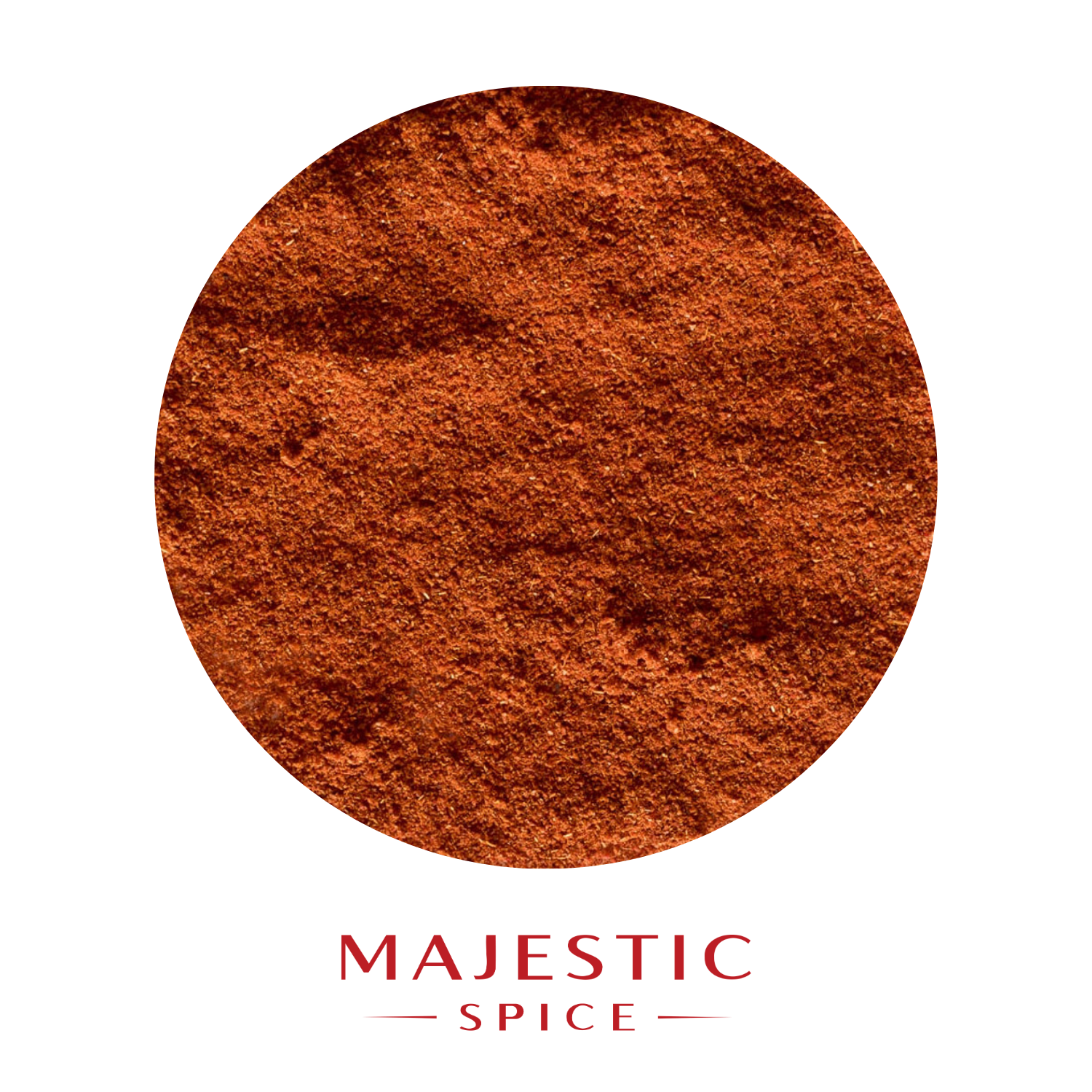 Circular mound of finely ground reddish-brown California chili powder with a smooth texture, with the red Majestic Spice logo below.