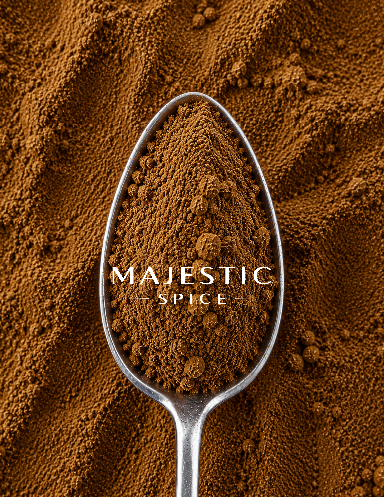 Close-up of a silver spoon filled with finely ground brown spice, resting on a textured bed of the same spice, with the white Majestic Spice logo centered over the spoon.