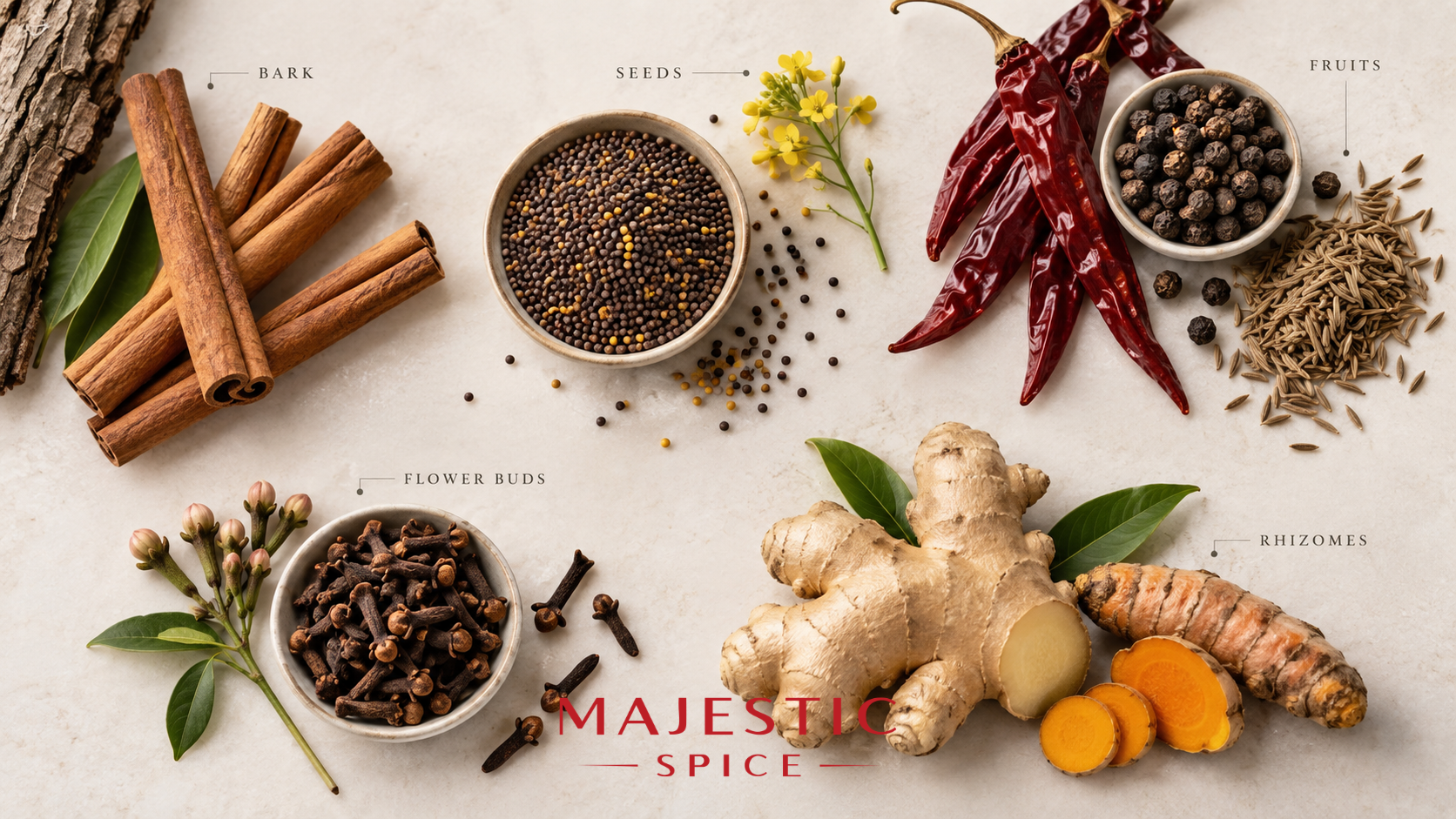 Spice anatomy showing cinnamon bark, mustard seeds, chile peppers, black pepper, cloves, ginger, and turmeric by plant part.