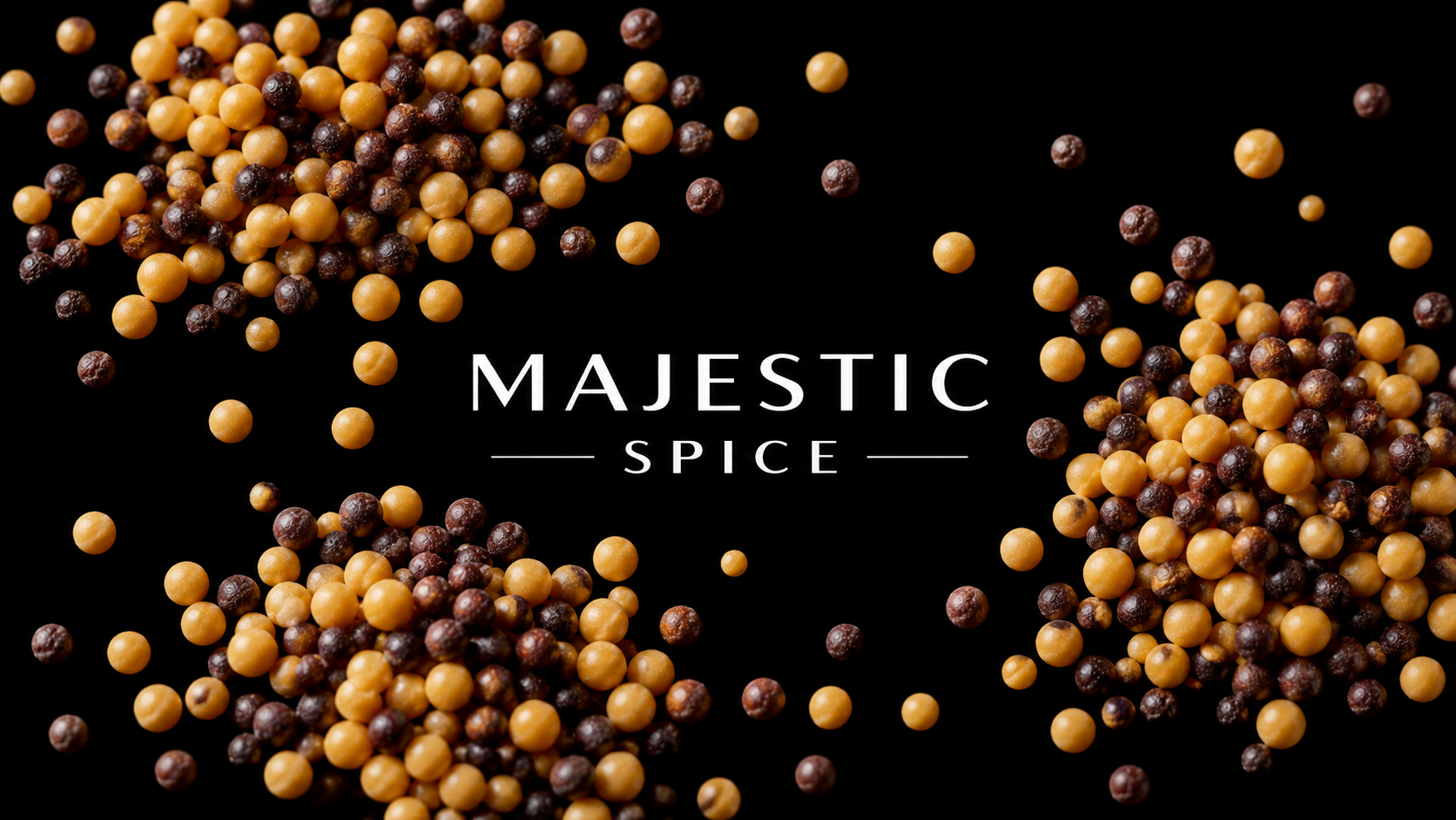 Yellow and brown mustard seeds on a black background with Majestic Spice branding.