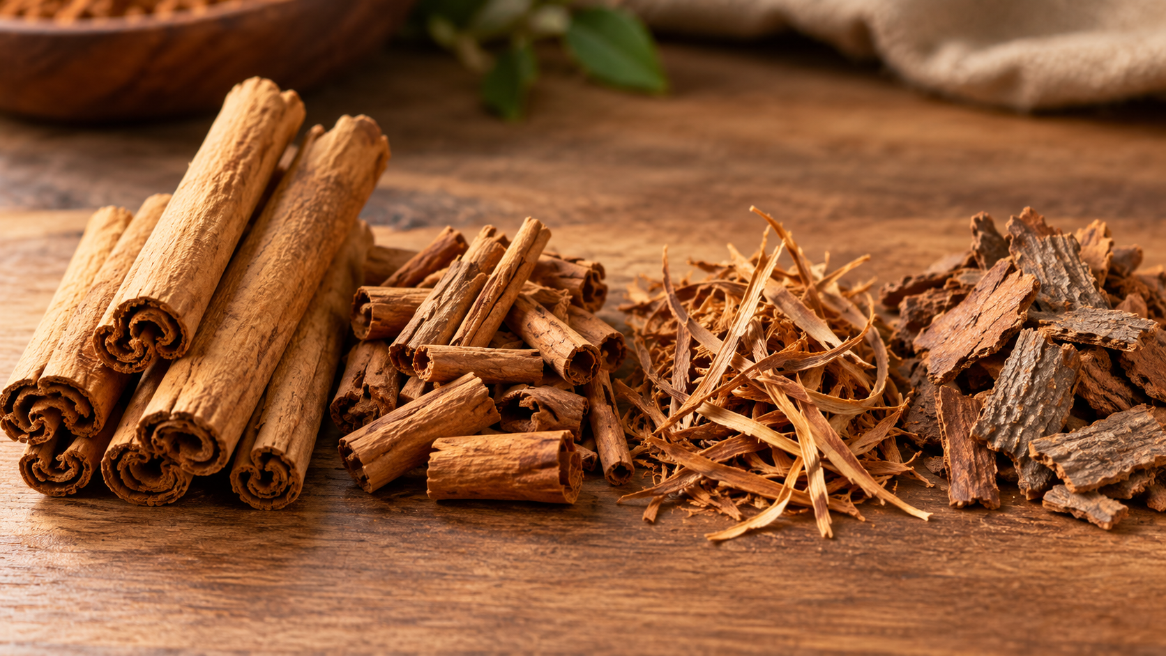 Different commercial forms of Ceylon cinnamon, including quills, quillings, featherings, and chips, arranged on a wooden surface.